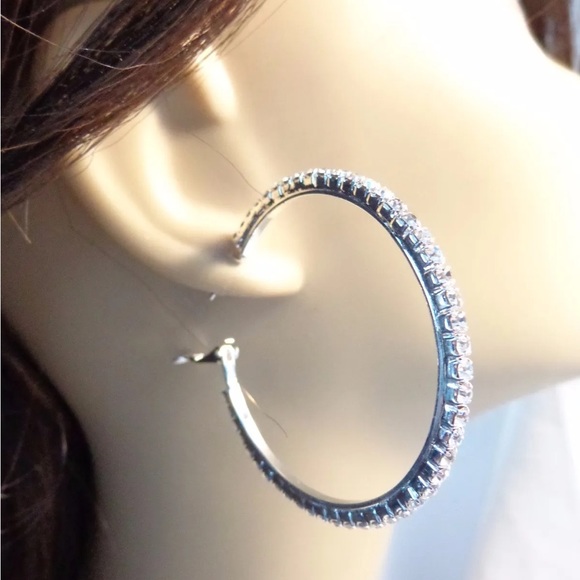 New Sterling Silver White Sapphire Minimalist Luxury Classic Hoop Earrings - Picture 16 of 16